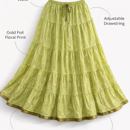 Blackfever Women’s Tiered Maxi Skirt with Gold Foil Print