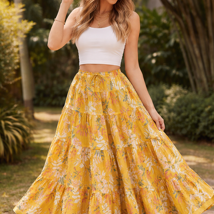 Blackfever Sunshine Yellow Floral Tiered Cotton Skirt – Free Size
