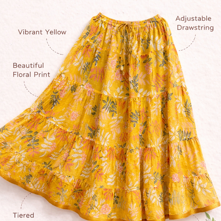 Blackfever Sunshine Yellow Floral Tiered Cotton Skirt – Free Size