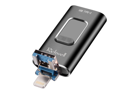 Richwell 3 in 1 128G Type-C + 8 Pin + USB 3.0 Metal Push-pull Flash Disk with OTG Function