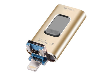 Richwell 3 in 1 128G Type-C + 8 Pin + USB 3.0 Metal Push-pull Flash Disk with OTG Function