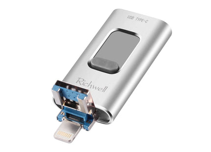 Richwell 3 in 1 128G Type-C + 8 Pin + USB 3.0 Metal Push-pull Flash Disk with OTG Function