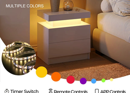 Smart LED Bedside Table with 2 Drawers - App Control Modern Nightstand Light Effects