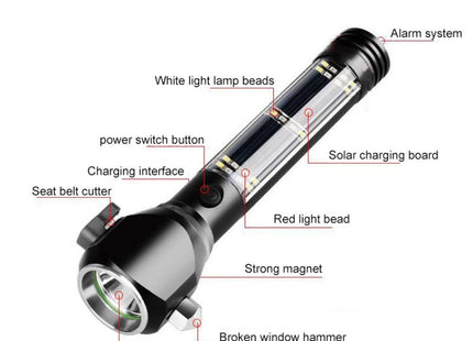 Multi-functional Car Safety Hammer Solar Alarm Emergency Working Flashlight (Black)