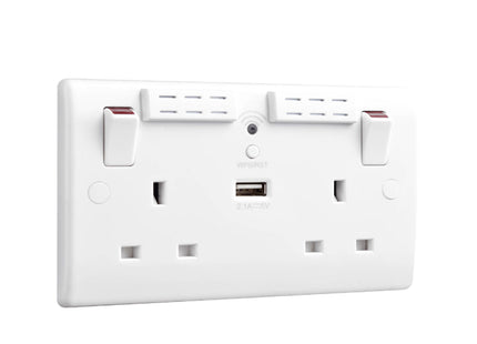 British General Round Edge 13A 2 Gang Switched Socket with Wi-Fi Extender + 1x USB-A 2.1A - White