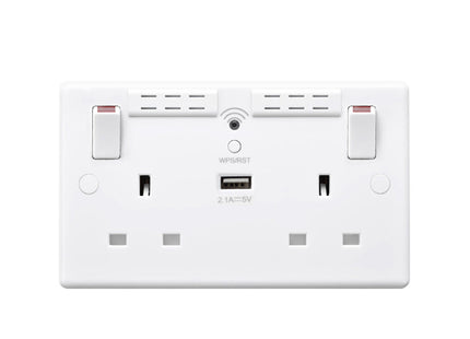 British General Round Edge 13A 2 Gang Switched Socket with Wi-Fi Extender + 1x USB-A 2.1A - White