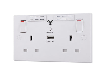 British General Square Edge 13A 2 Gang Switched Socket with Wi-Fi Extender + 1x USB-A 2.1A - White