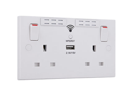 British General Square Edge 13A 2 Gang Switched Socket with Wi-Fi Extender + 1x USB-A 2.1A - White