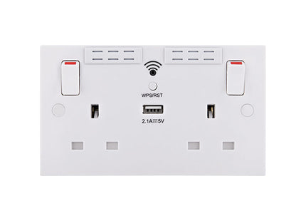 British General Square Edge 13A 2 Gang Switched Socket with Wi-Fi Extender + 1x USB-A 2.1A - White