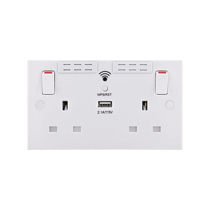 British General Square Edge 13A 2 Gang Switched Socket with Wi-Fi Extender + 1x USB-A 2.1A - White
