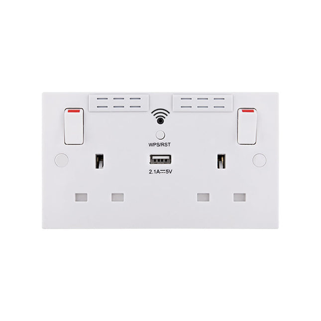 British General Square Edge 13A 2 Gang Switched Socket with Wi-Fi Extender + 1x USB-A 2.1A - White