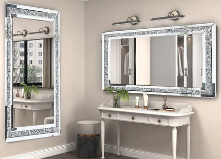 Large Luxury Silver Sparkly Crystal Rhinestone Diamond Vanity Mirror Wall Mounted