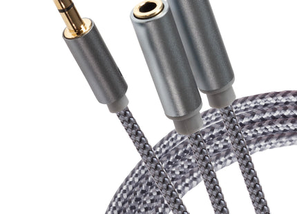 Maplin 3.5mm Aux Stereo 3-Pole Jack Plug to Twin 3.5mm Female Jack Plug Cable - Silver, 0.25m