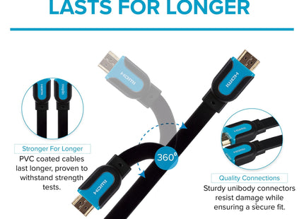 Maplin Flat HDMI to HDMI 4K Ultra HD Cable with Gold Connectors - Black, 3m