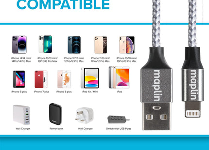 Maplin Premium Apple MFI Certified Tangle-Free Lightning to USB-A 2.0 Cable - Silver, 3m