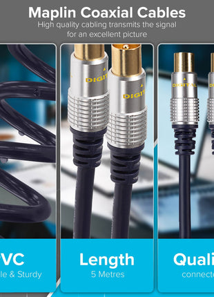 Maplin TV Aerial Cable Coaxial RF Male to RF Male - Black, 5m
