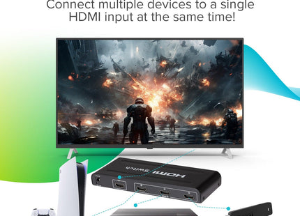 Maplin HDMI Switch 3 Ports In 1 Port Out 4K Ultra HD @30Hz with Remote Control - Black
