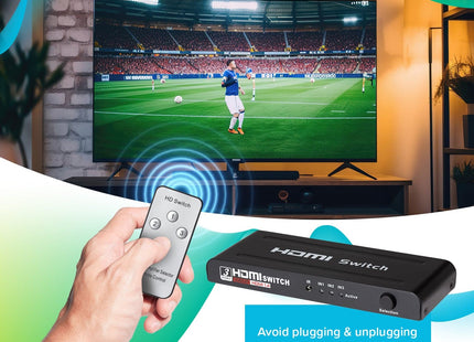 Maplin HDMI Switch 3 Ports In 1 Port Out 4K Ultra HD @30Hz with Remote Control - Black