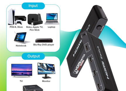 Maplin HDMI Switch 3 Ports In 1 Port Out 4K Ultra HD @30Hz with Remote Control - Black