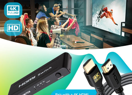 Maplin HDMI Switch 3 Ports In 1 Port Out 4K Ultra HD @30Hz with Remote Control - Black