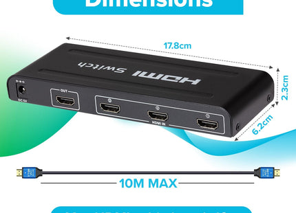 Maplin HDMI Switch 3 Ports In 1 Port Out 4K Ultra HD @30Hz with Remote Control - Black