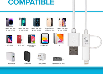 Maplin USB-A to 2-in-1 Multi-Charging Lightning & Micro USB Cable - White, 1m