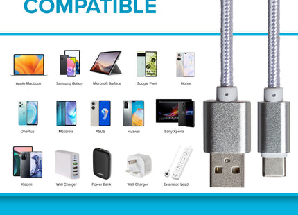 Maplin USB-C to USB-A Braided Cable - Silver, 3m