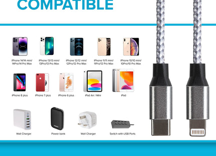 Maplin Lightning to USB-C 20W Fast Charging Braided Cable - Silver, 2m