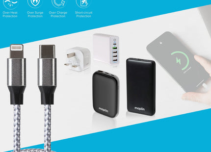 Maplin Lightning to USB-C 20W Fast Charging Braided Cable - Silver, 2m