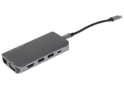 Nikkai USB-C Multiport Hub to 3x USB-A 3.0 / HDMI 4K / Gigabit RJ45 / VGA / USB-C PD / 3.5mm Audio / SD Card Reader - Silver