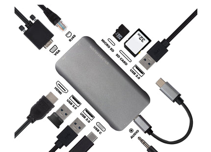 Nikkai USB-C Multiport Hub to 3x USB-A 3.0 / HDMI 4K / Gigabit RJ45 / VGA / USB-C PD / 3.5mm Audio / SD Card Reader - Silver