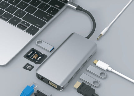 Nikkai USB-C Multiport Hub to 3x USB-A 3.0 / HDMI 4K / Gigabit RJ45 / VGA / USB-C PD / 3.5mm Audio / SD Card Reader - Silver