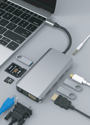 Nikkai USB-C Multiport Hub to 3x USB-A 3.0 / HDMI 4K / Gigabit RJ45 / VGA / USB-C PD / 3.5mm Audio / SD Card Reader - Silver