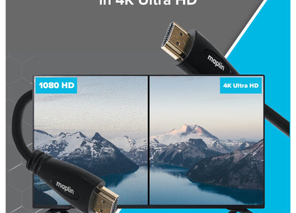 Maplin Thin HDMI to HDMI 4K Ultra HD Cable with Ethernet & Gold Connectors - Black, 3m