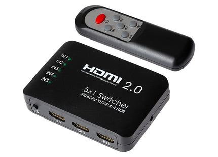 Maplin HDMI Switch 5 Ports In 1 Port Out 4K Ultra HD @60Hz with Remote Control - Black