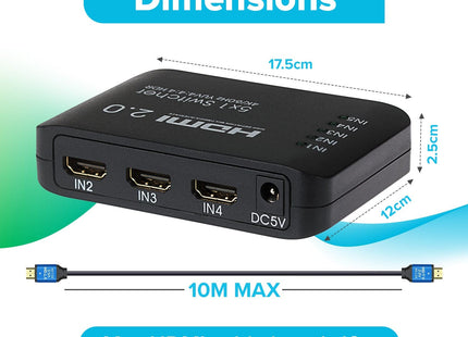 Maplin HDMI Switch 5 Ports In 1 Port Out 4K Ultra HD @60Hz with Remote Control - Black