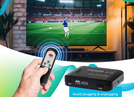 Maplin HDMI Switch 3 Ports In 1 Port Out 4K Ultra HD @60Hz with Remote Control - Black