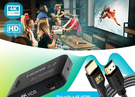Maplin HDMI Switch 3 Ports In 1 Port Out 4K Ultra HD @60Hz with Remote Control - Black