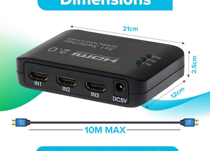 Maplin HDMI Switch 3 Ports In 1 Port Out 4K Ultra HD @60Hz with Remote Control - Black