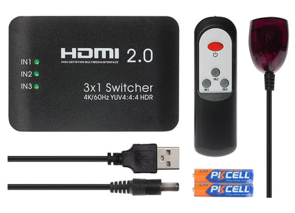 Maplin HDMI Switch 3 Ports In 1 Port Out 4K Ultra HD @60Hz with Remote Control - Black