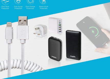 Maplin Premium Apple MFI Certified Lightning to USB-A 2.0 Coiled Cable - White, 0.5m