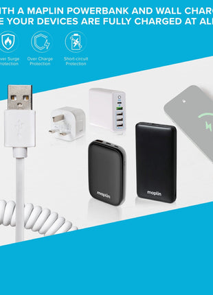 Maplin Premium Apple MFI Certified Lightning to USB-A 2.0 Coiled Cable - White, 0.5m