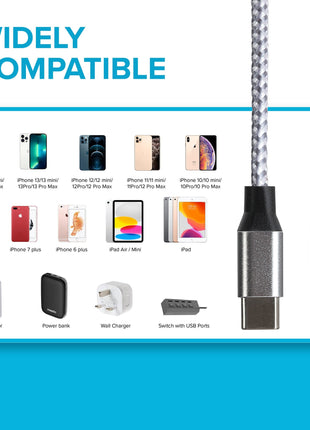 Maplin Lightning to USB-C Braided 20W High Speed Cable - Silver, 1m