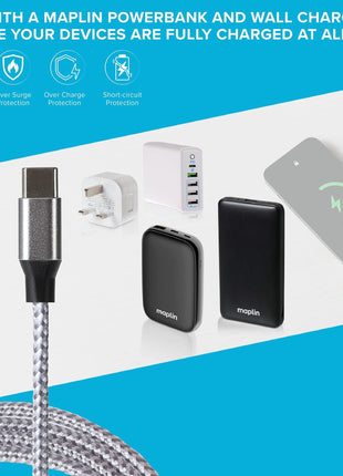 Maplin Lightning to USB-C Braided 20W High Speed Cable - Silver, 1m