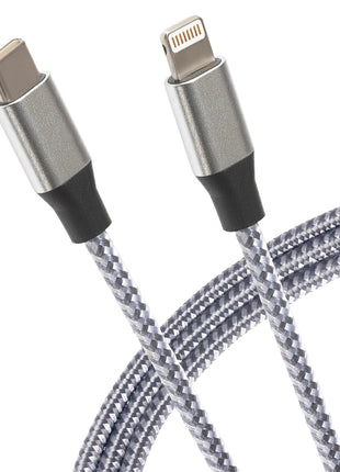 Maplin Lightning to USB-C Braided 20W High Speed Cable - Silver, 1m