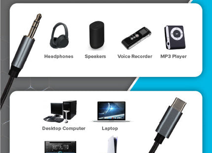 Maplin USB-C to 3.5mm Aux Stereo 3-Pole Jack Plug Braided Cable - Black, 2m