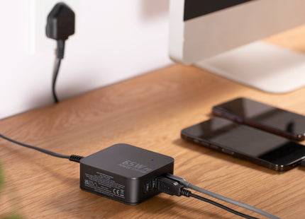 Maplin 4 Port (1 x USB-C PD / 3 x USB-A 3.0 QC) 65W GaN USB Laptop Charger with 1.2m Cable