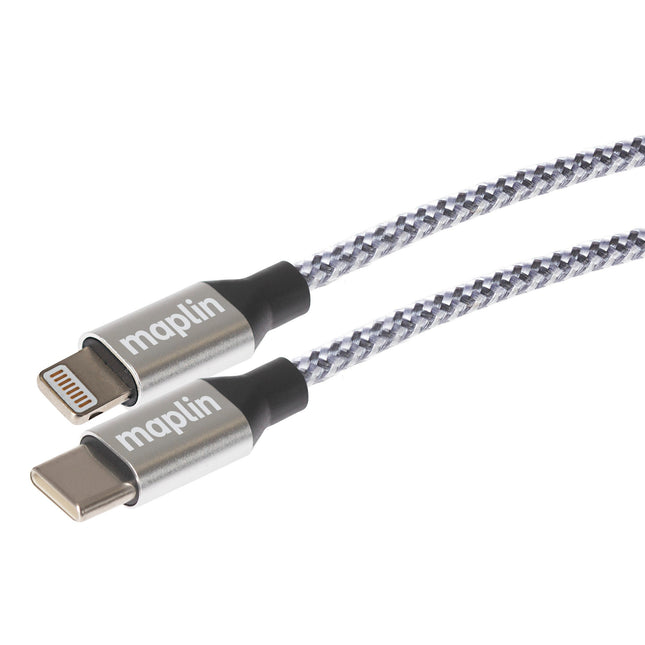 Maplin Lightning to USB-C 20W High Speed Braided Cable - Silver, 3m
