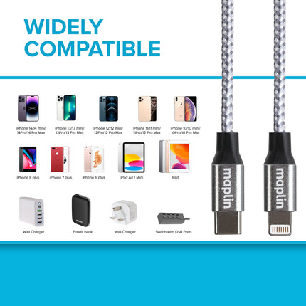 Maplin Lightning to USB-C 20W High Speed Braided Cable - Silver, 3m