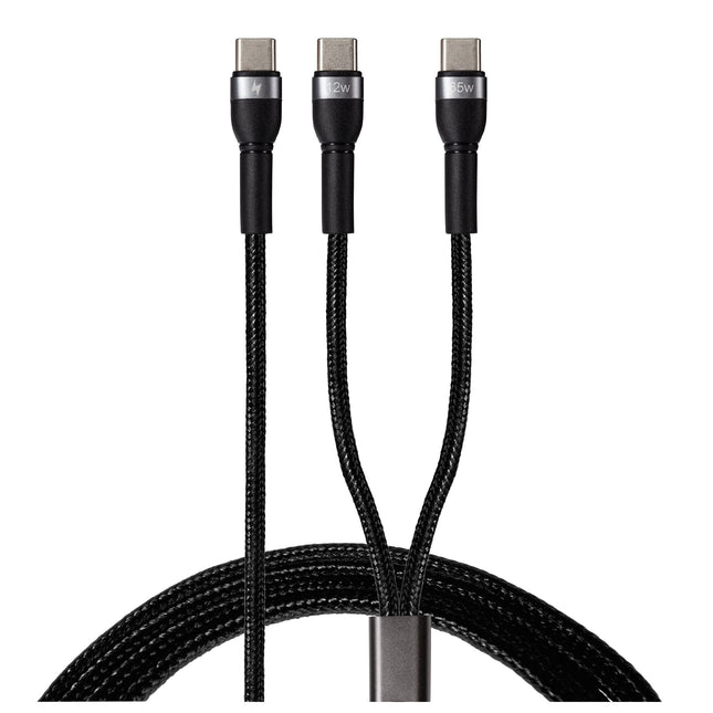 Maplin USB-C to 2-in-1 Multi-Charging USB-C 65W & USB-C 12W Braided Cable - Black